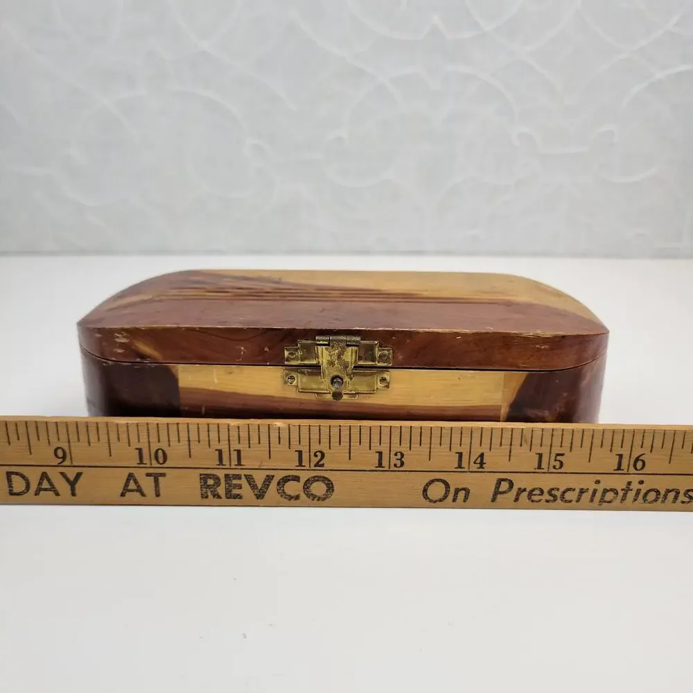 Vintage Mango Wood Box Two Tone Brown Trinket Jewelry Hinged Closure Hollywood